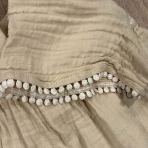 Old Navy Women's Beige Gauze Embroidered Square Neck Pom-Pom Trim Top